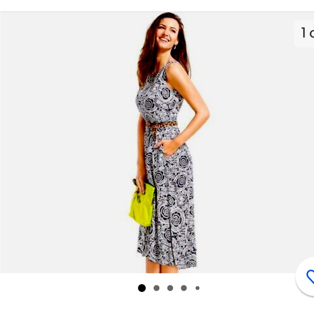 CAbi Floral Midi Dress Navy White Size M Pockets Blouson Elastic Waist